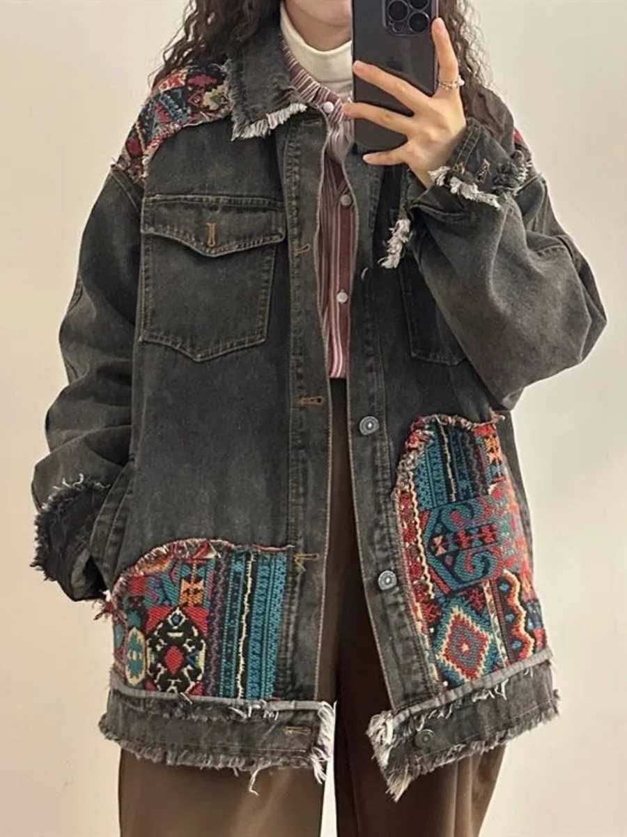 Vintage Boho Embroidery Denim Jacket Spring Autumn 2024 Long Sleeve Casual Loose Trend Folk-custom Stitching Raw Edge Jeans CoatX240920