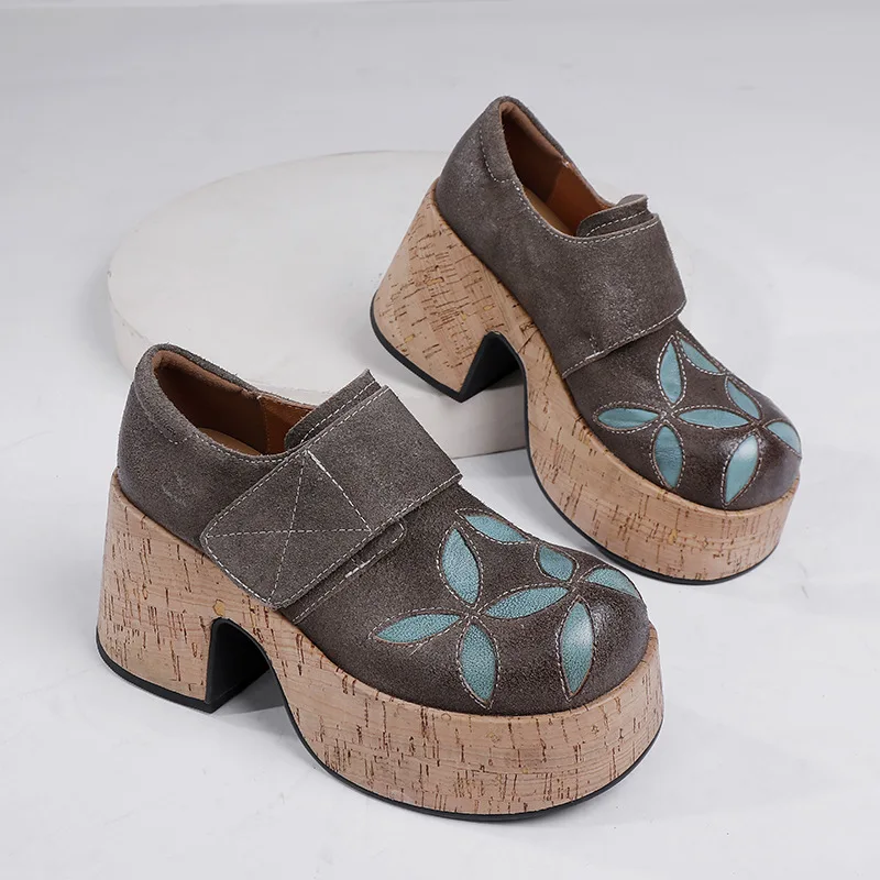 Koznoy 7.5cm Cow Suede Genuine Leather Ethnic Spring Round Toe Hook Shallow Mary Jane Platform Wedge Ladies Luxury Shoes Women