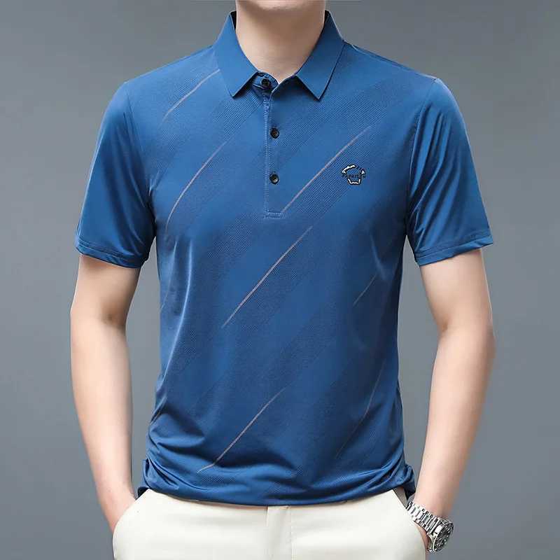 2023 Summer New Short Sleeved T-shirt Mens Lapel Business Large Port Style Mens Clothing Ice Silk Breathable Thin Polo ShirtX240920