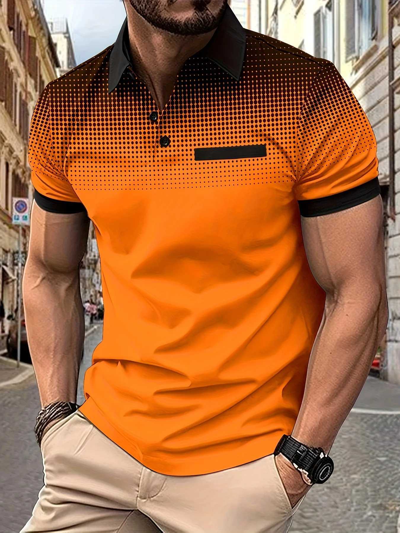 Mens Stylish Gradient Color Short Sleeve Shirt - Lapel Collar 1/4 Button Closure Simple Print Polo ShirtX240920