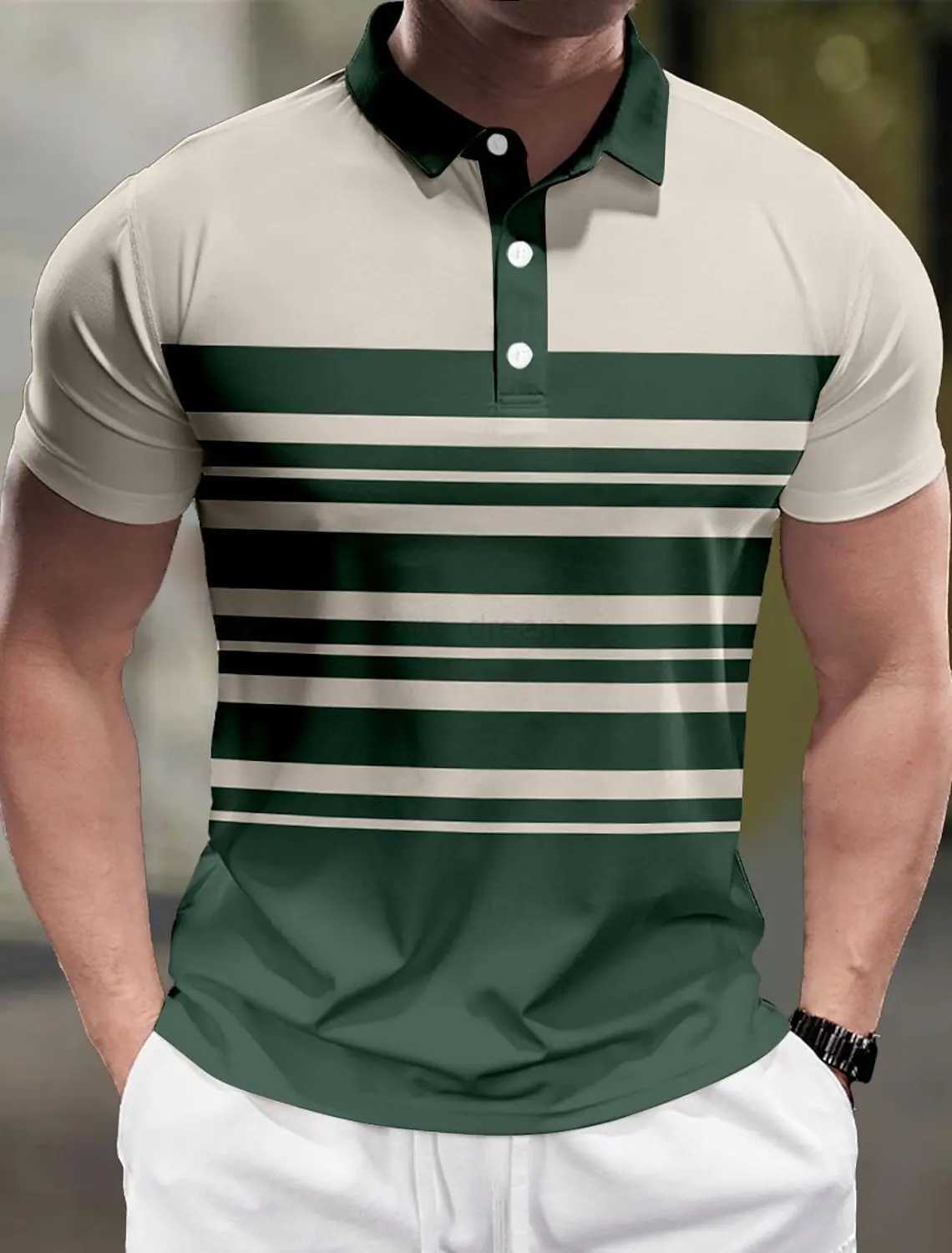 Striped Mens Business Casual 3D Polo Shirt Street Polyester Short Sleeve Turndown Polo Shirts Micro-elastic Lapel Polo SummerXJ240920