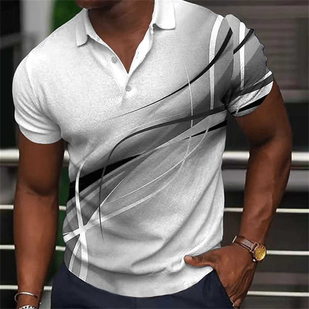 Fashion MenS Polo Shirt Gradient Line Summer Short Sleeve TShirts Casual Daily Lapel Tops Tees Striped T Shirt For Man ClothingX240920