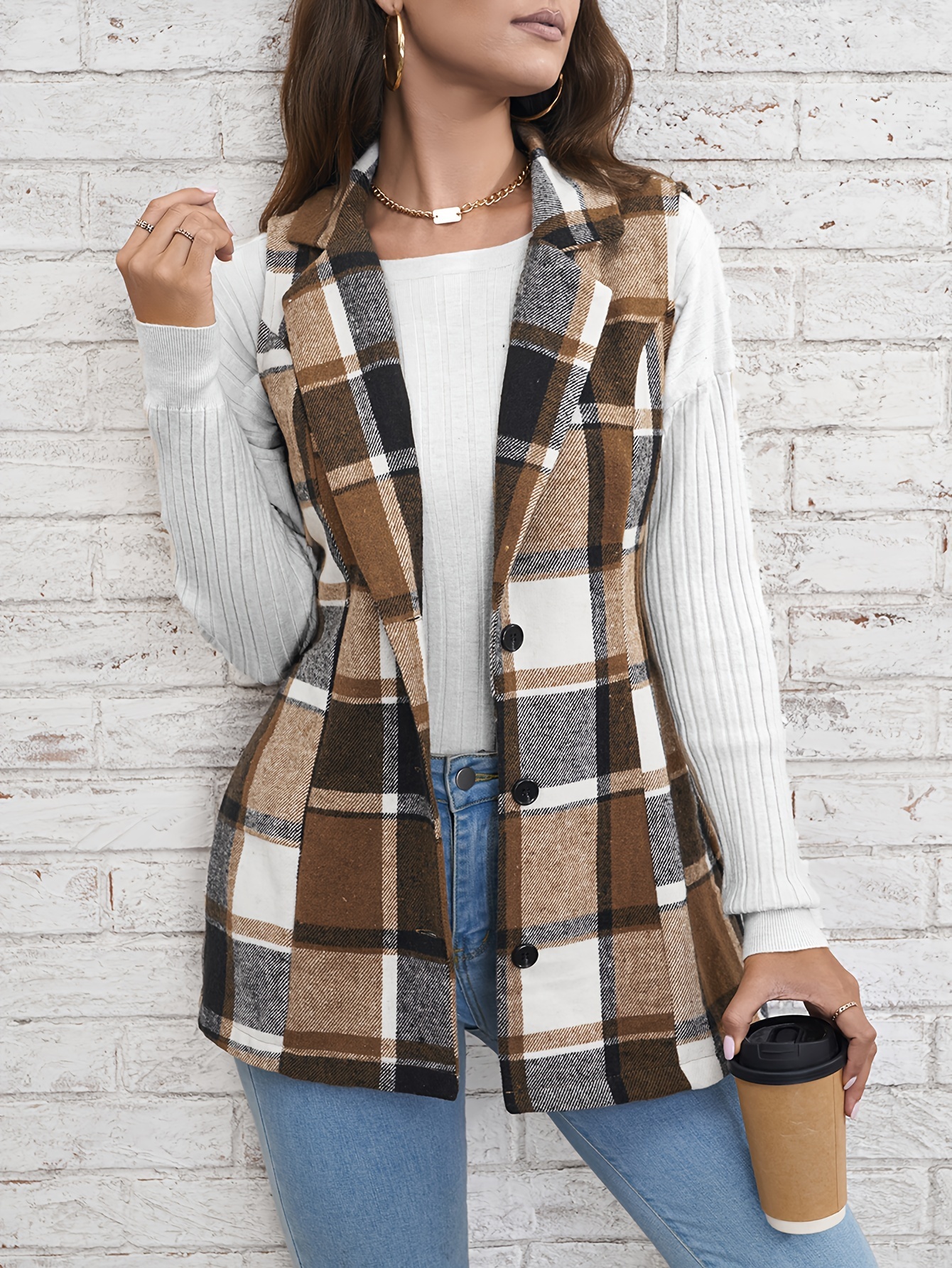 Europe America Hot selg women's elegant commuting lapel single breasted multicolored plaid spring and autumn vest