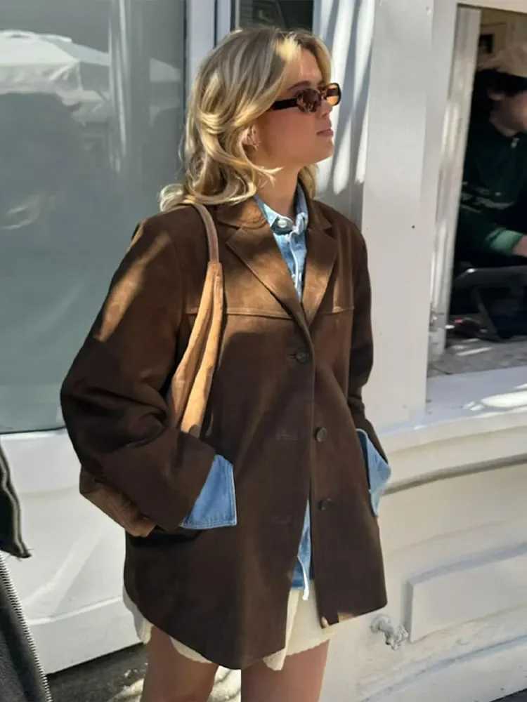 Retro Brown Lapel Womens Jacket Casual Single Breasted Pocket Long Sleeve Short Coat 2024 Lady Fall High Street New In OutwearsX240920
