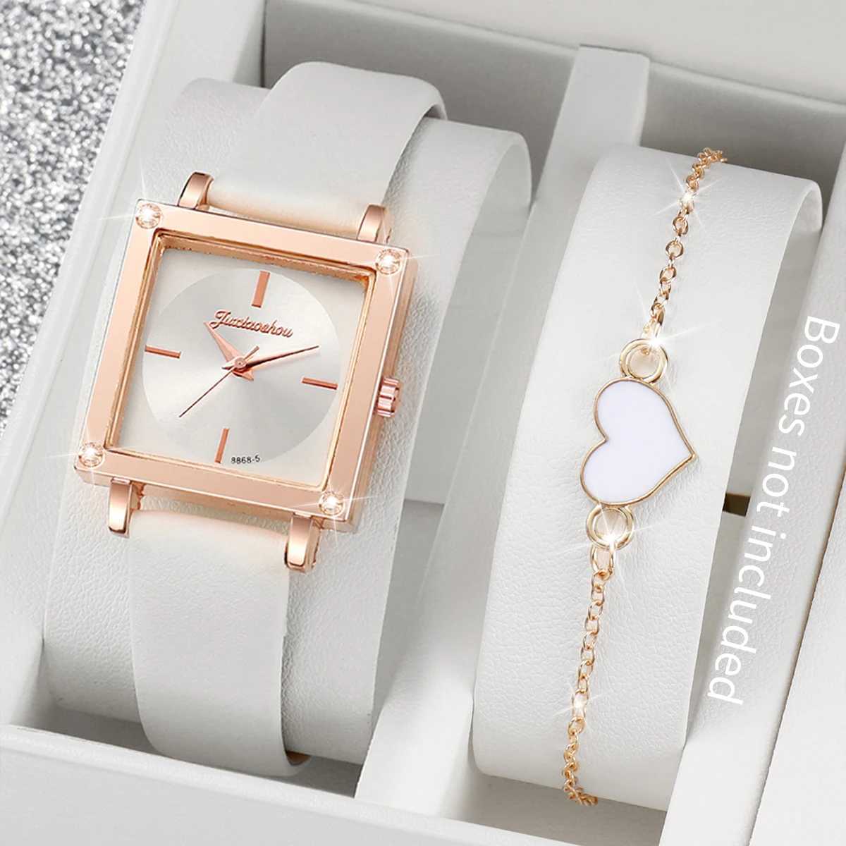 2pcs/set Women Leather Strap Aquare Dial Quartz Watch with Heart-shaped BraceletX240920