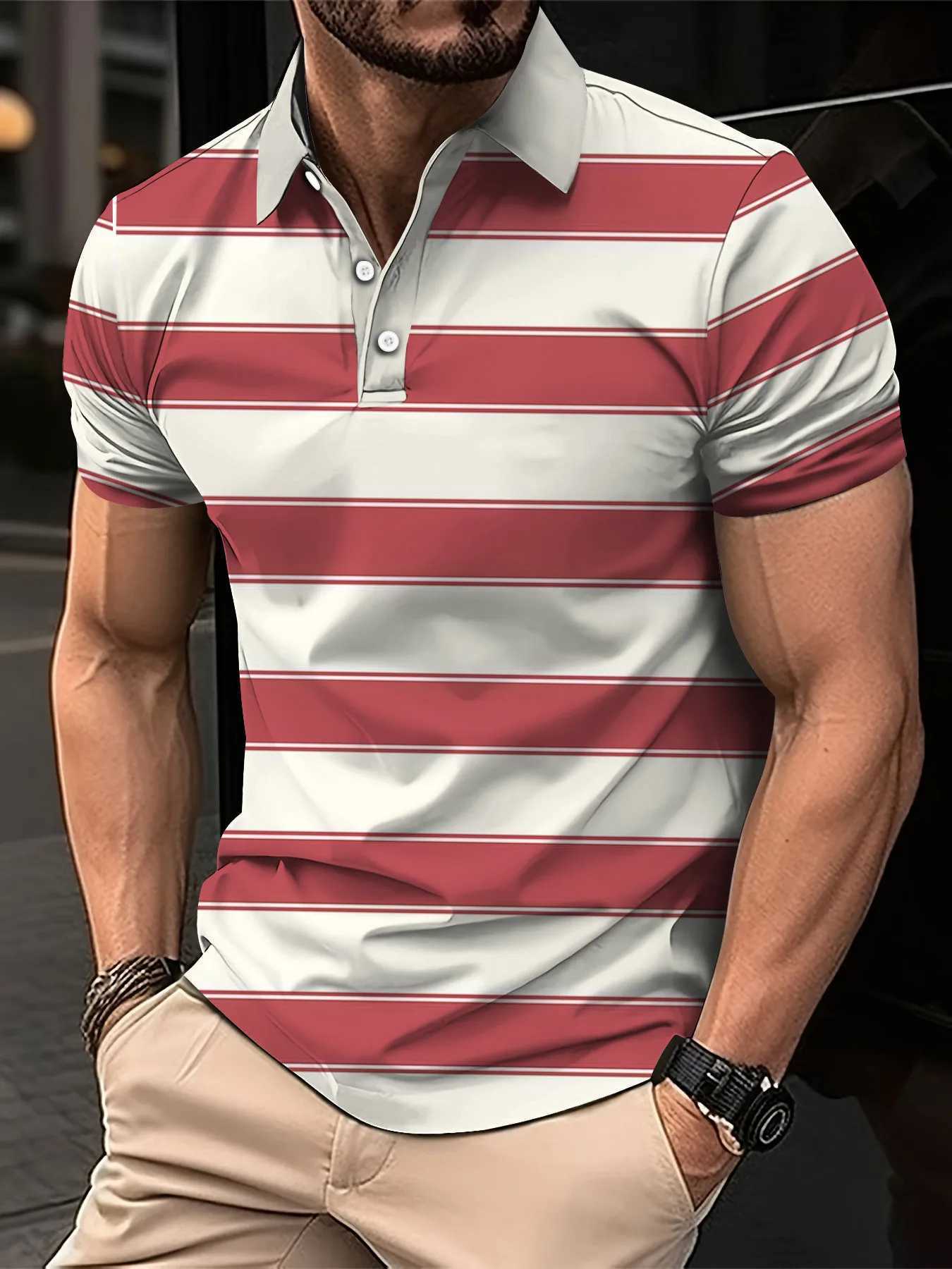 2024 New Mens Summer Short Clothes Sleeved Lapel 3D Digital Printed Striped Polo Shirt Mens Business Casual Top ClothesX240920