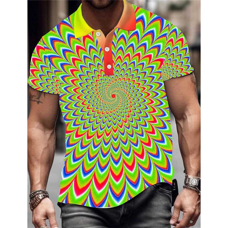 Mens Lapel Polo Shirt Full Print Optical Illusion Graphic Button Up Golf Shirt For Men Short Sleeves Plus Size Turndown TshirtX240920