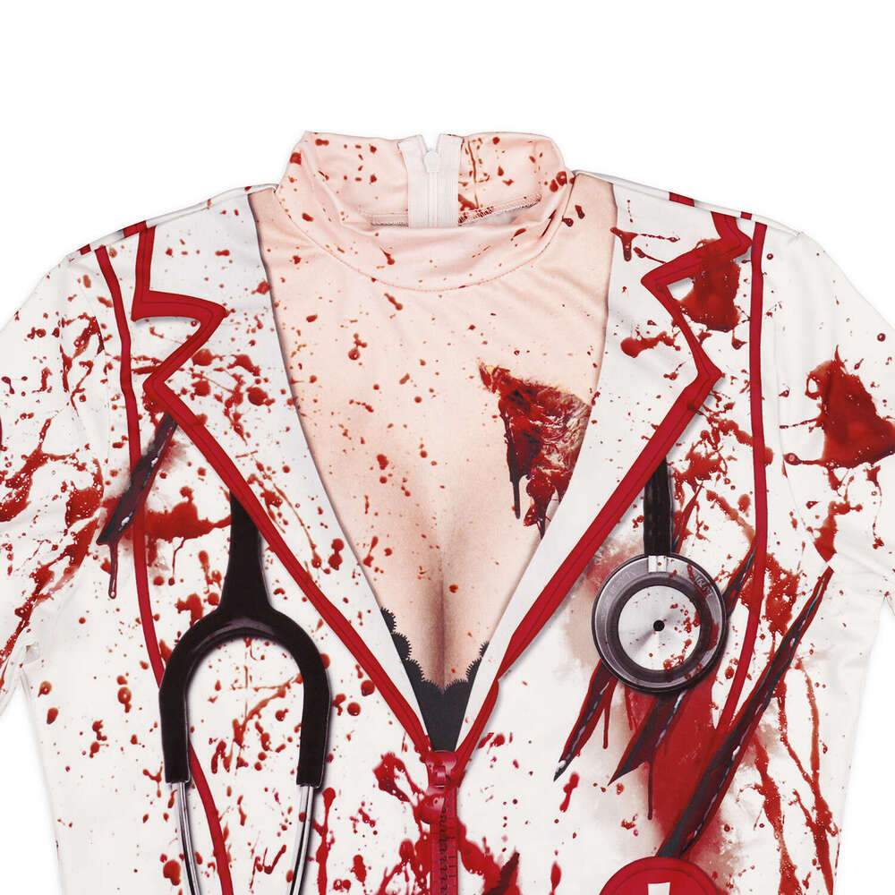 Hallowmas Hot selling womens Halloween nurse zombie round neck slim fitting long sleeved dress for women