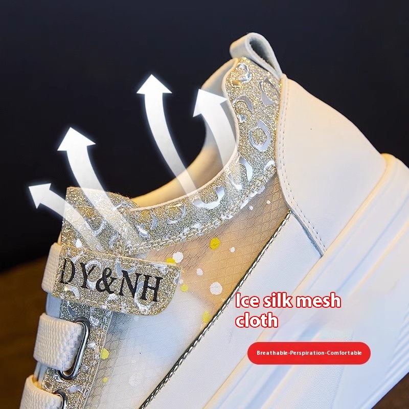 Female 2024 summer new hollow mesh breathable thin sponge cake thick sole fashionable casual with increased height inside white shoes