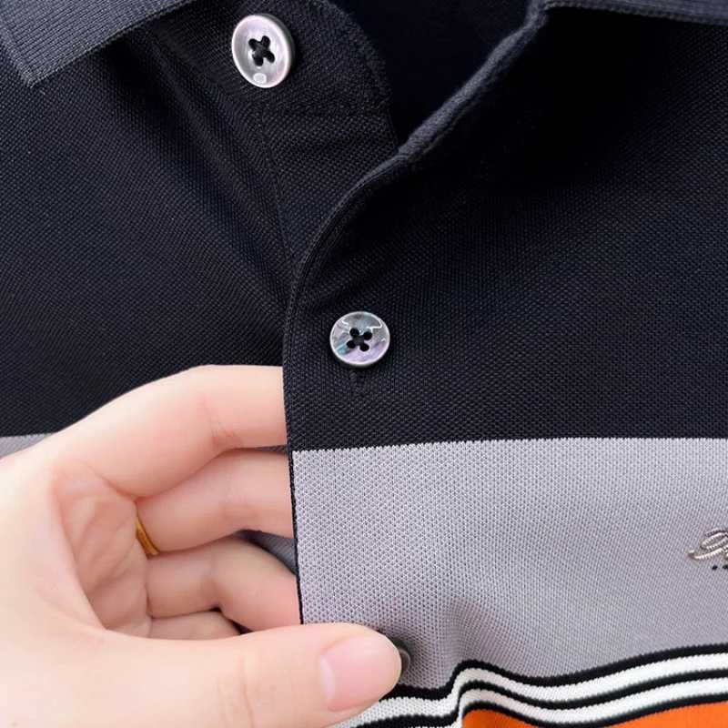 High end silk cotton short sleeve POLO shirt mens 2024 summer fashion stripe contrasting embroidery casual business T-shirtX240920