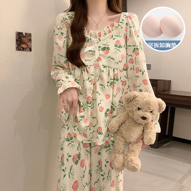 Women's with chest cushion autumn and winter new home clothes cloud cotton outer wear simple casual women's sleepwear