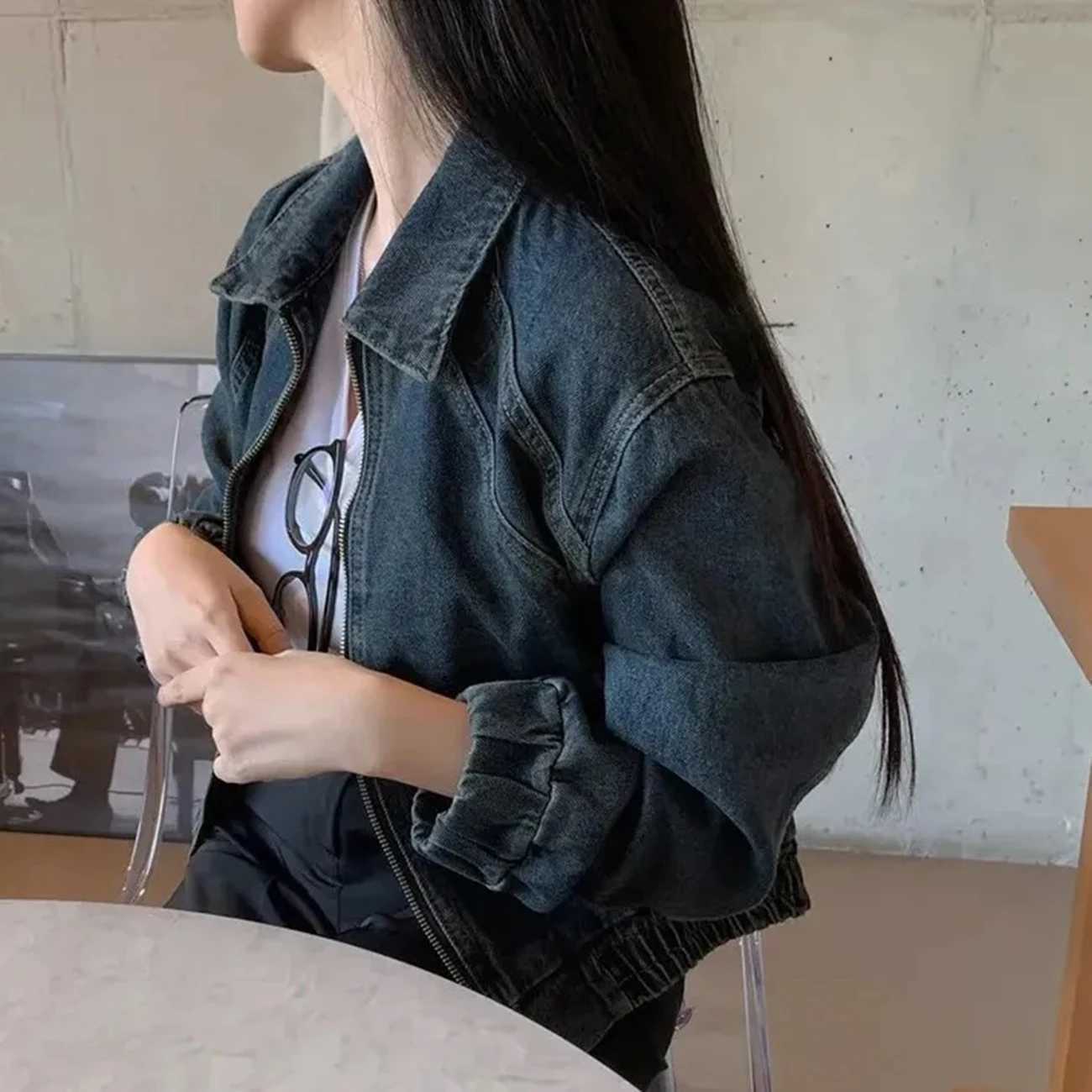 AI.Fashion Lapel Denim Jackets Women Zipper Long Sleeve Coats Women Elegant Streetwear Elastic Hem Jackets Female LadiesX240920