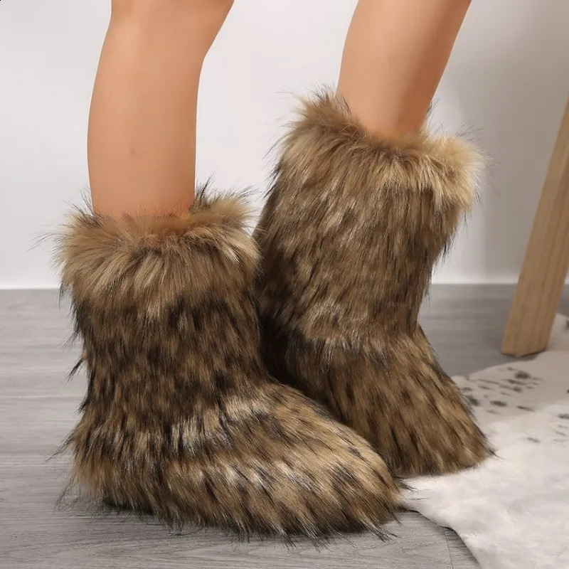 Womens Winter Snow Boots Outdoor Furry Faux Fox Fur Fashion Boots WomanPlush Warm Platform Shoes Bottes 240909