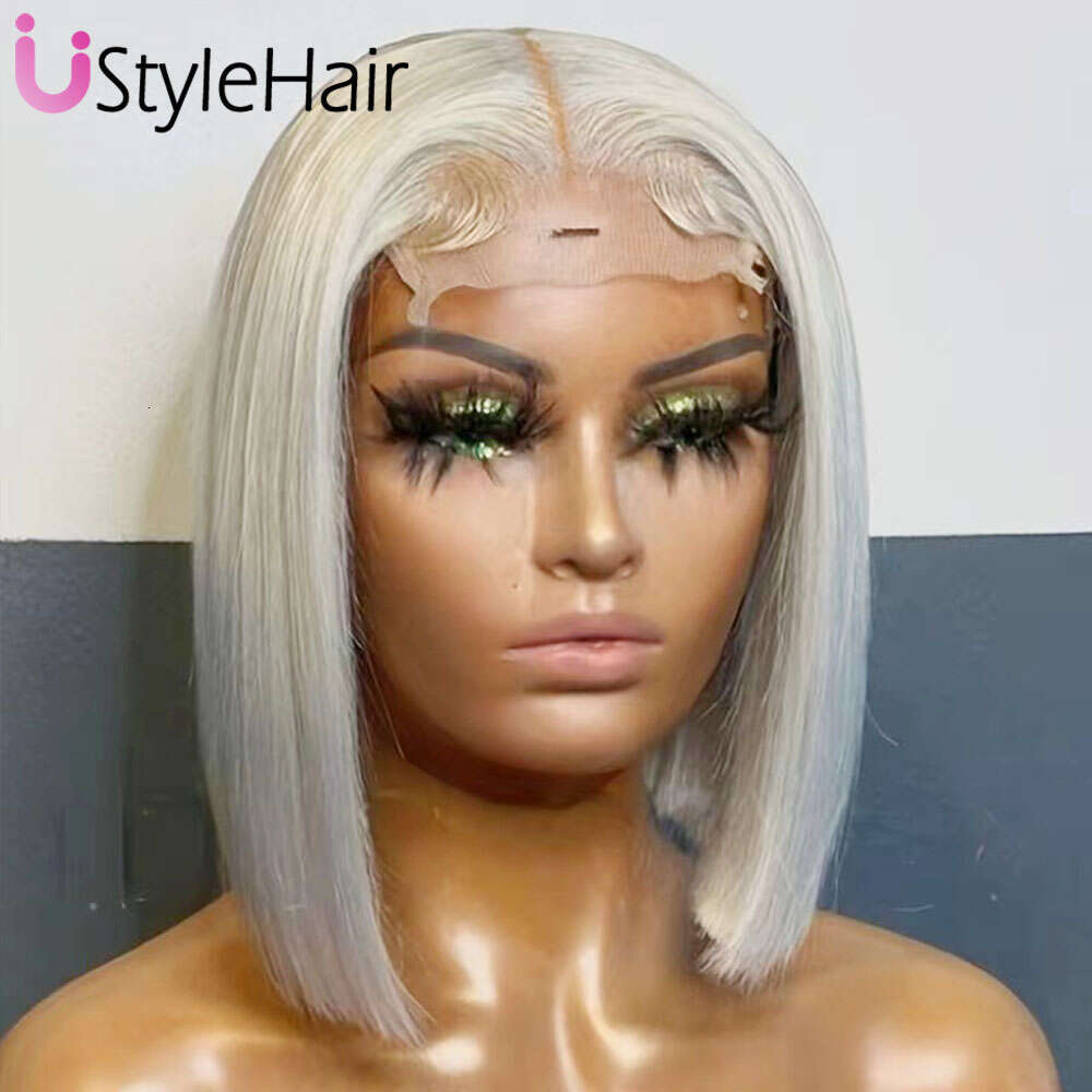 Ustylehair Platinum Blonde Bob Lace Short Straight Front Wig Heat Resistant Synthetic Hair Daily Used