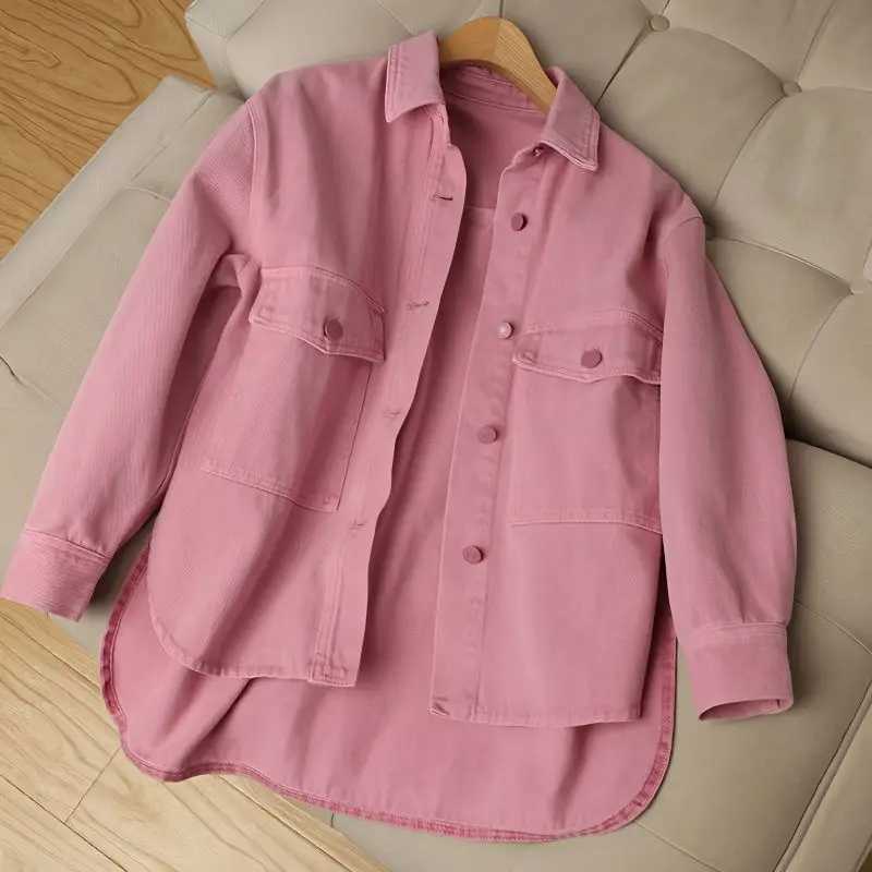 New Women Pink Jeans Jacket Oversized Korean Style Single Breasted Chic Denim Coats Spring Autumn Cowboy Jackets OutwearX240920