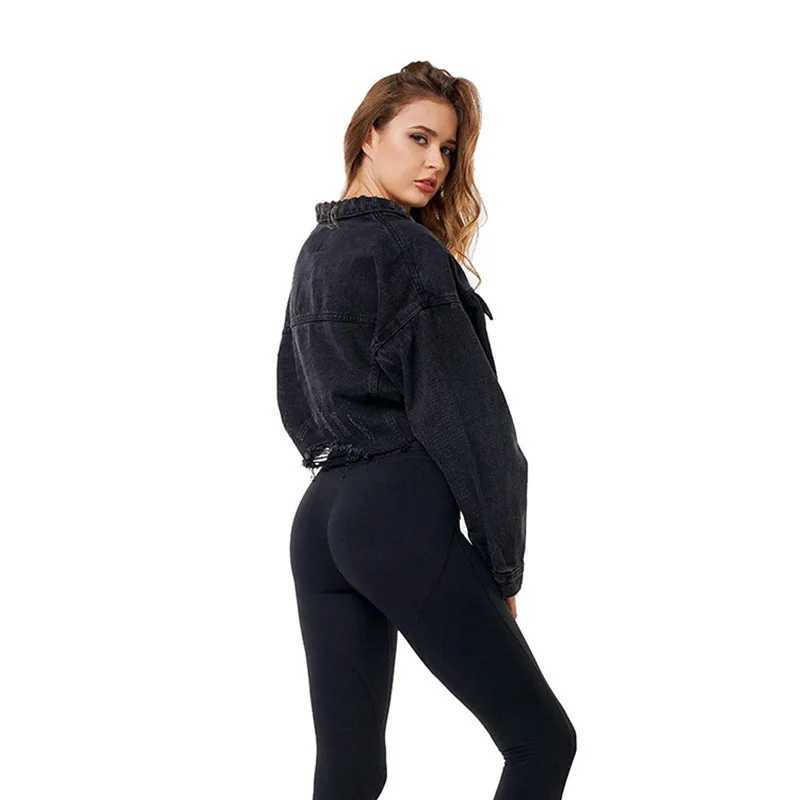 Boyfriend Jean Jacket Women Oversized Crop Denim Jackets Vintage Long Sleeve Short Jacket Casual Loose Coat Black Bomber JacketX240920