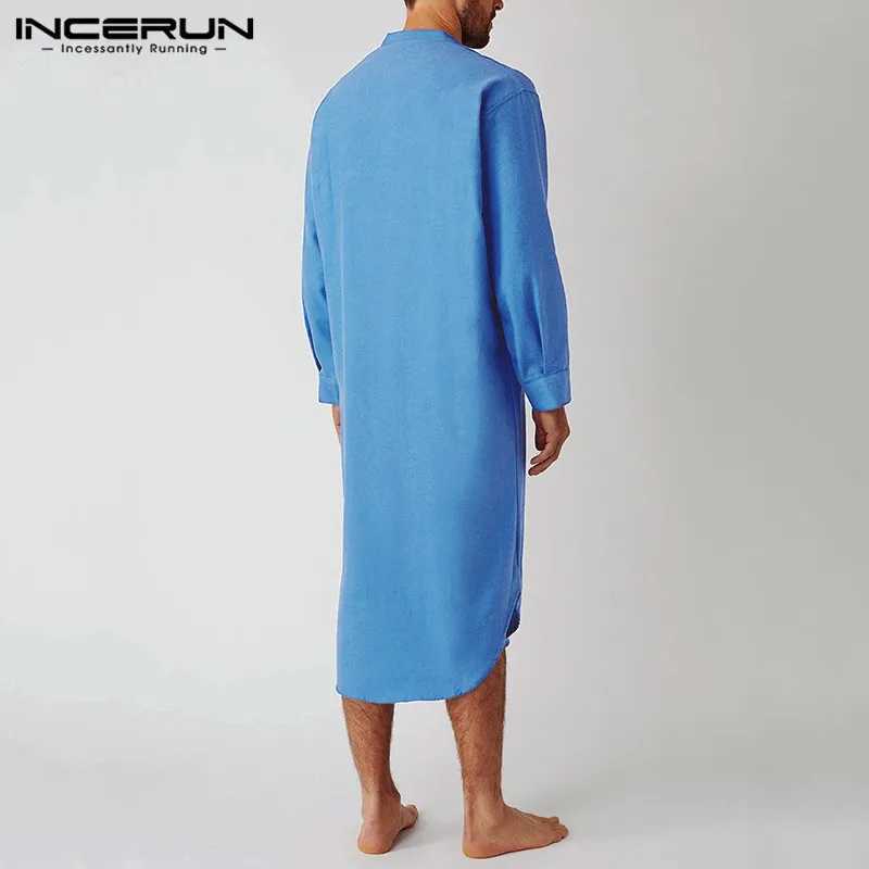INCERUN Cotton Mens Sleep Robes Solid Color Long Sleeve Nightgown O Neck Leisure Mens Bathrobes Comfort 2023 Homewear Plus Size Y240919