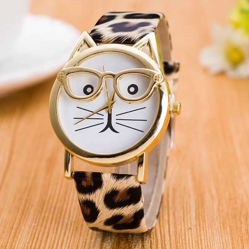 Fashion Leopard Print Watches Women Cute Glasses Cat Watches Ladies Faux Leather Band Quartz Wristwatches Best Gift Montre FemmeX240920