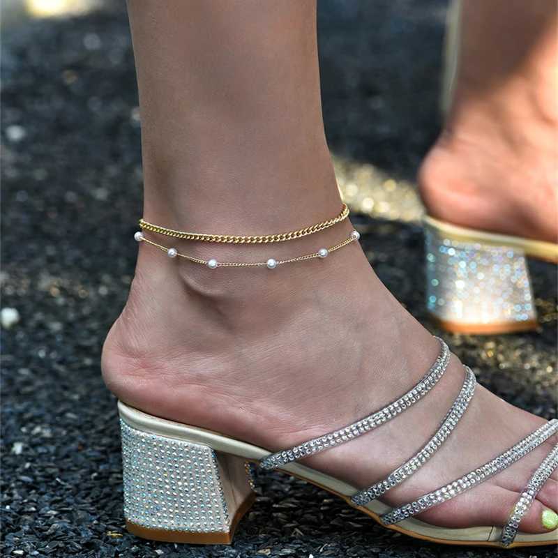 Boho Double Layers Anklets For Women Gold Color Metal Pearl Ankle Bracelet Summer Beach Ankle Chain Foot Jewelry Accessories Y240920