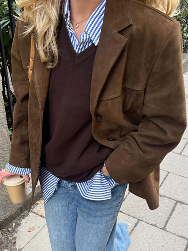 Casual Suede Leather Women's Coat Brown Loose Lapel Single Breasted Pockets Long Sleeve Jacket 2024 Autumn Female Street Outwear