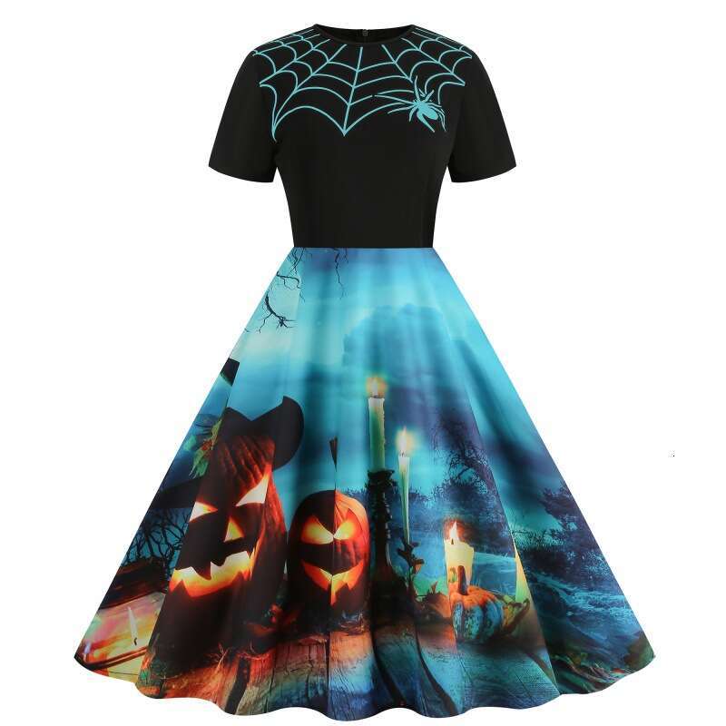 Hallowmas Halloween style new spliced round neck party print slim fitting and slimming dress with a large display