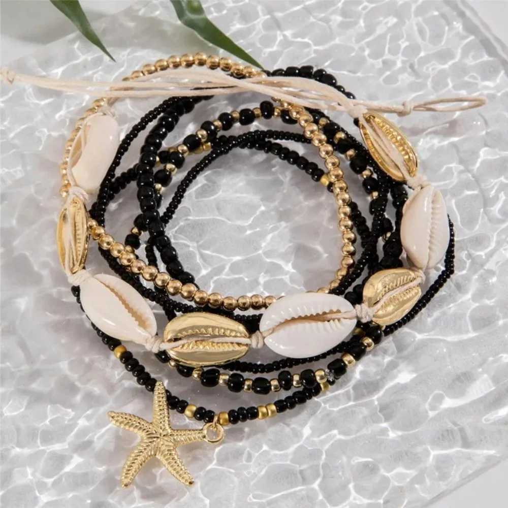 7pcs 16.54/2.76in Bohemian Beach Rice Beads Elastic Anklet Charm Alloy Anklet Set Stretch Holiday Starfish Multi-layer Anklet Y240920