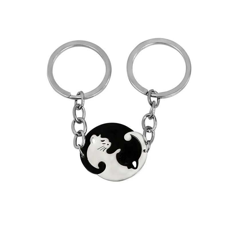 2Pcs/Set His Hers Matching Puzzle Yin Yang Cat Couples Keychains Stainless Steel Heart Key Ring BFF Couple Key Chain JewelryX240919