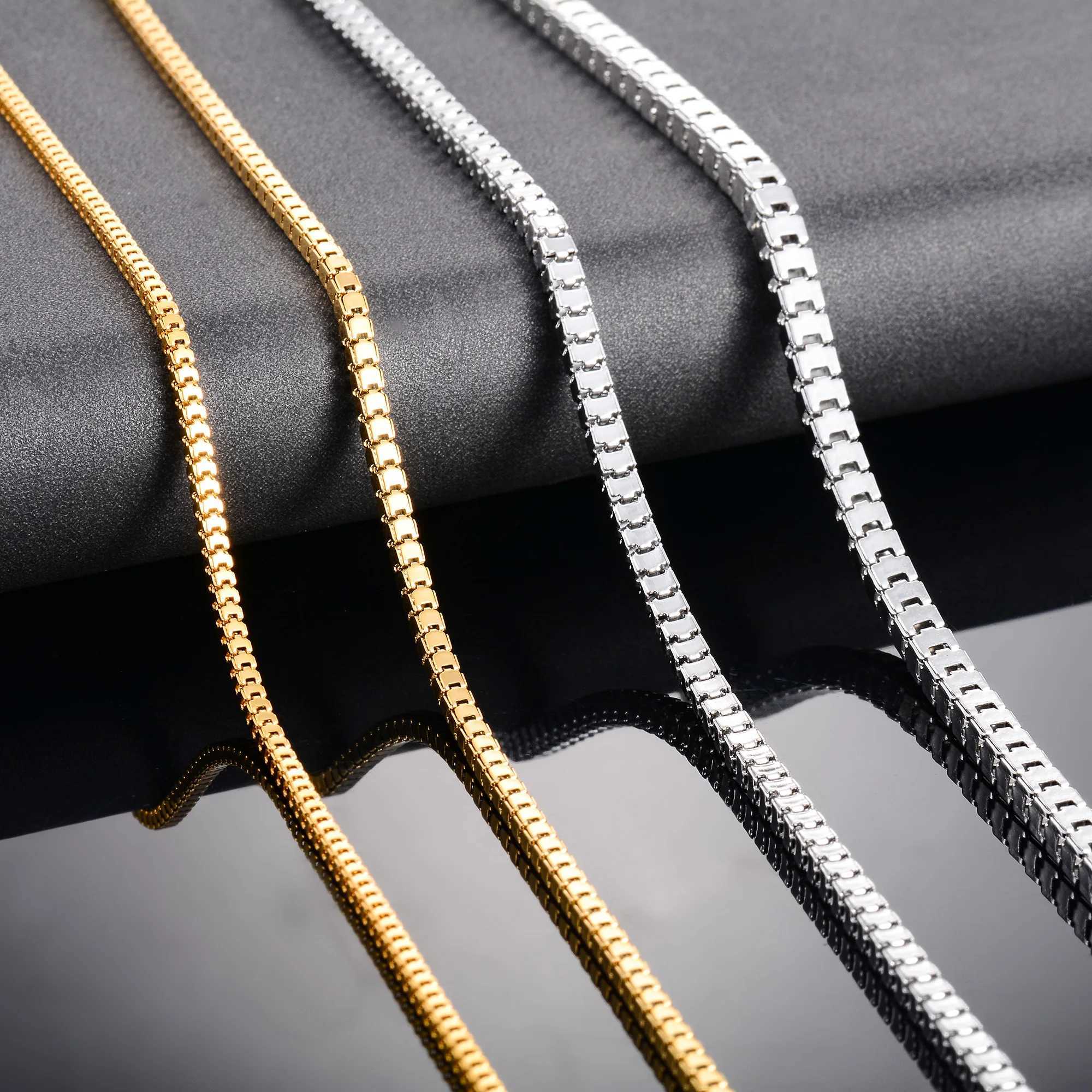 Men Square Box Chain Stainless Steel Long Necklace for Women Ladies Gold/Silver Color Choker on the Neck Jewelry AccessoriesX240919