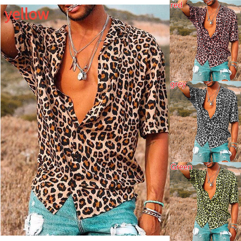 Style men's fashion leopard print short sleeved 2023 summer new casual shirt top trend