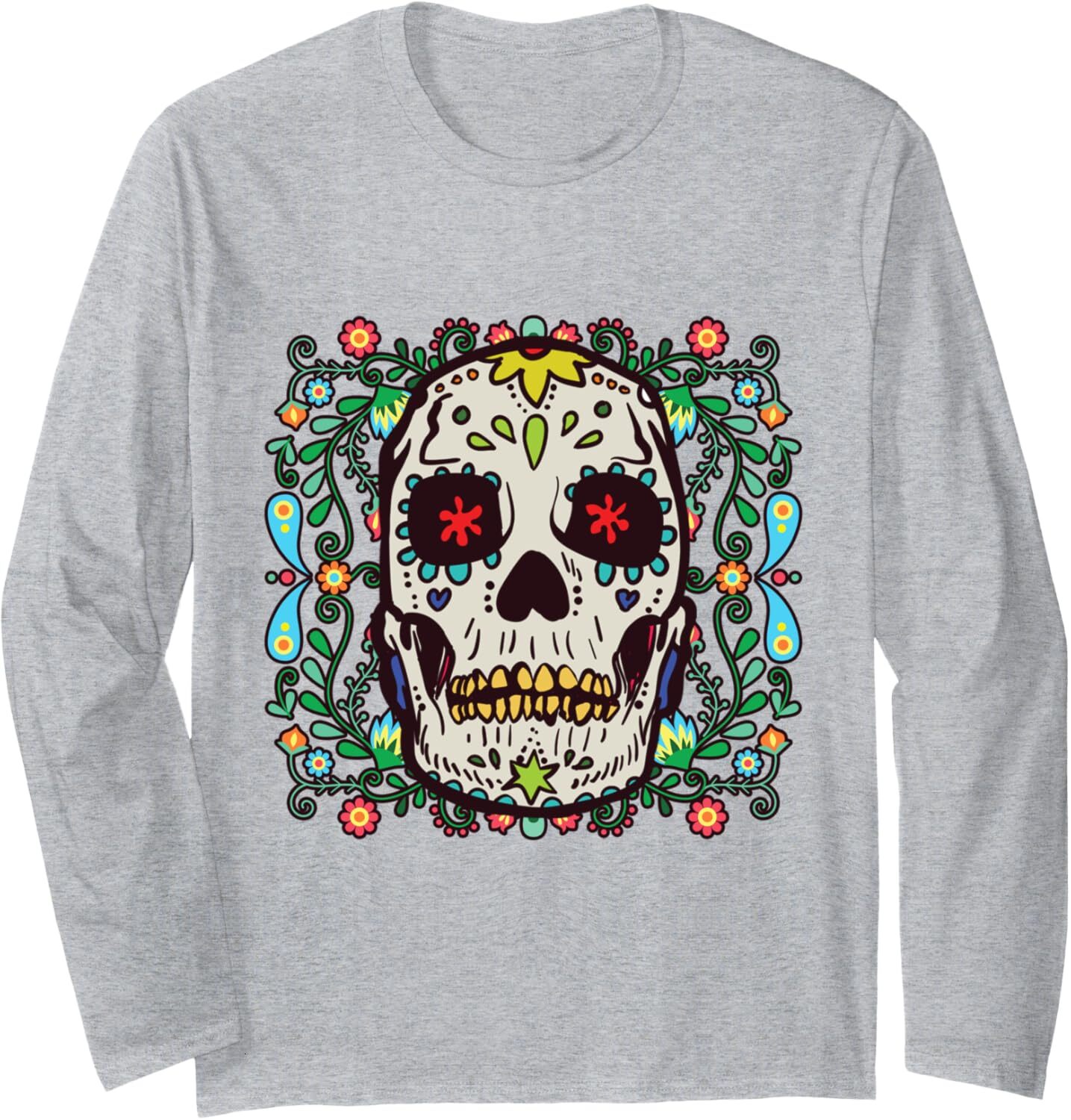 Long Sleeve Shirts for Men sweatshirt Skull Colored Flowers Funny Cool Friends Gift Long Sleeve Tee Streetwear Casual tops clothes trend