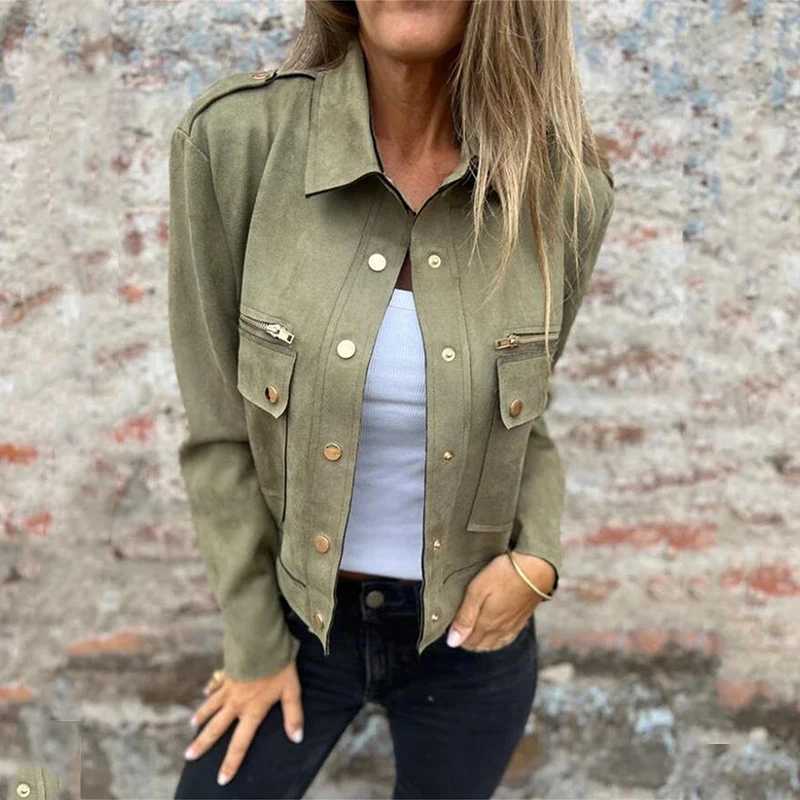 Elegant Metal Zipper Button Short Coats Fashion Lapel Collar Solid Color Suede Jacket Women Casual Long Sleeve Pocket OuterwearX240920