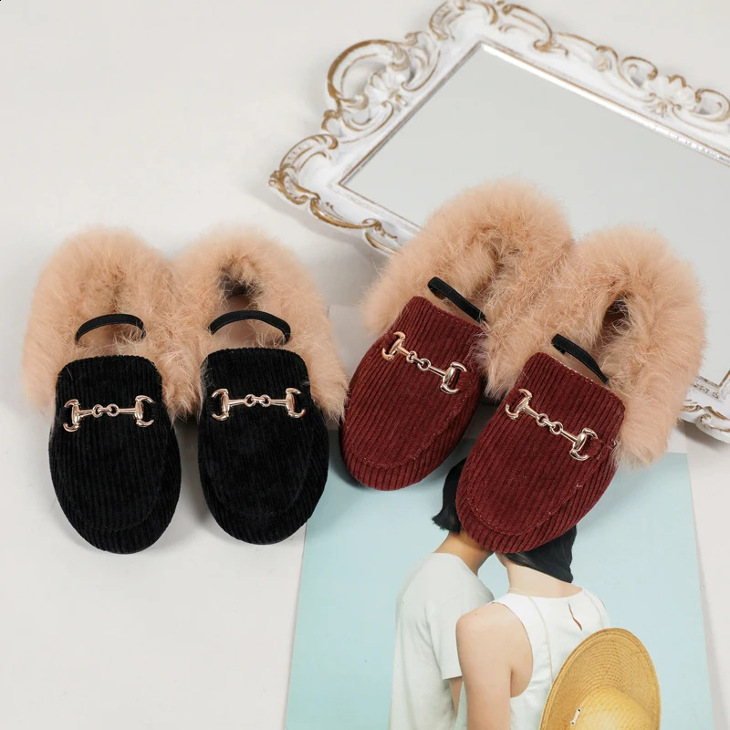 AS Kids Shoes Children Fur Princess Shoes Baby Girls Slip On Loafers Toddler Ballet Flats First Walker Warm Fashion Moccasin 240911
