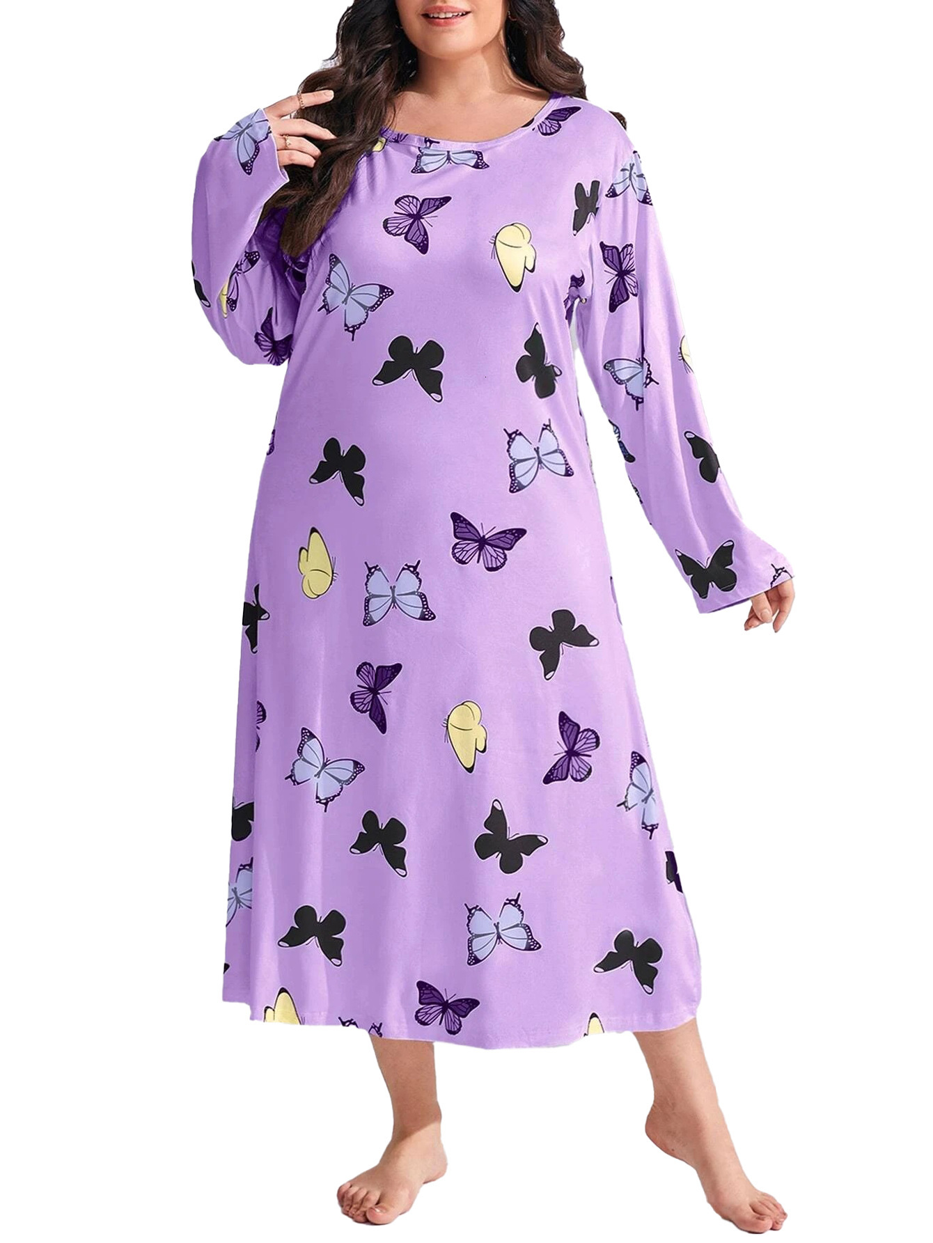 2024 Fat Po Women's Long sleeved Butterfly Heart Leopard Print Drop Shoulder Large Size Sleeping Dress