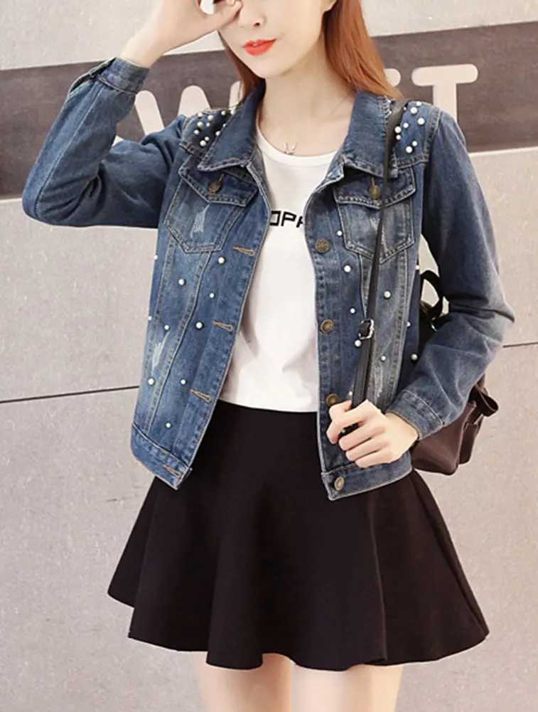 WomenS Fashion Denim Jacket Full Sleeve Loose Button Pearls Short Lapel Wild Single-Breasted Cardigan Pearl Beaded Jeans JacketX240920