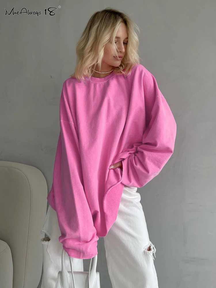 Mnealways18 Pink Oversize Tee Shirts Streetwear Round Neck Long Sleeve Casual Pullover Tops Women Autumn Thin T-Shirts Lady M240920