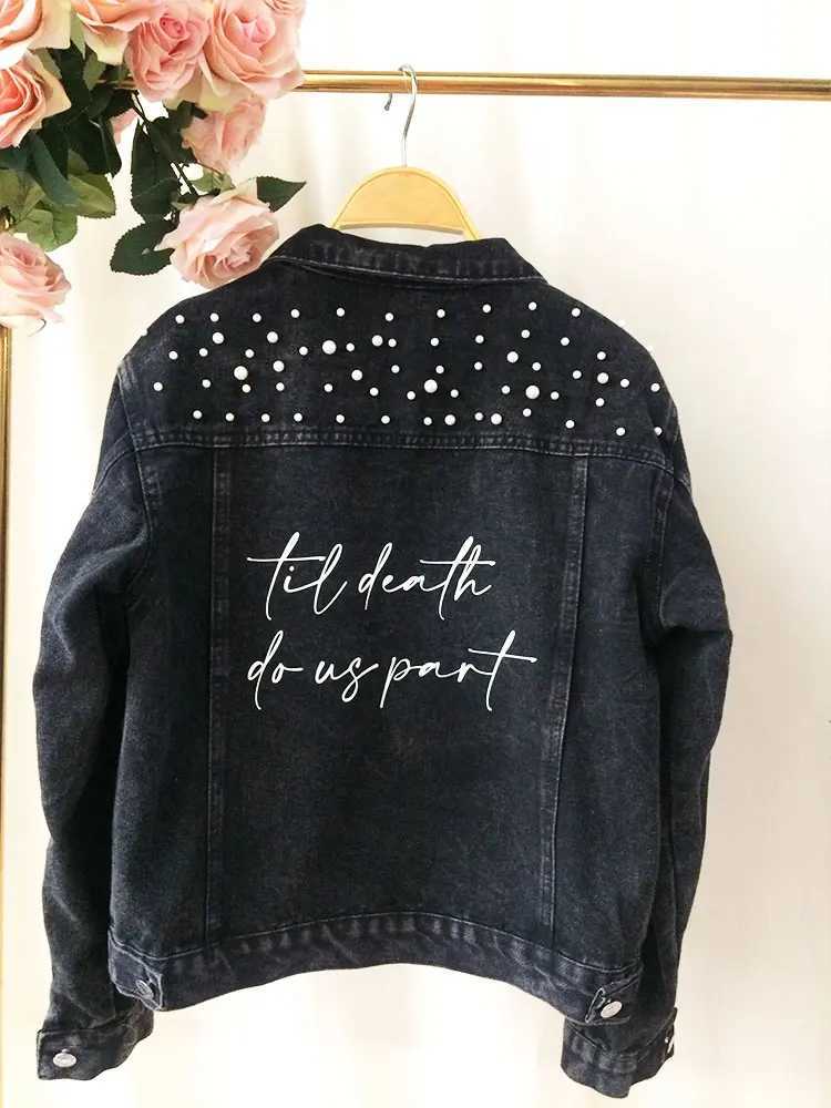 PERSONALIZED Black Denim Statement Coats Bridal Jacket Customized Wedding Jean Jacket Bridal Denim With Pearl Womens MRS CoatsX240920