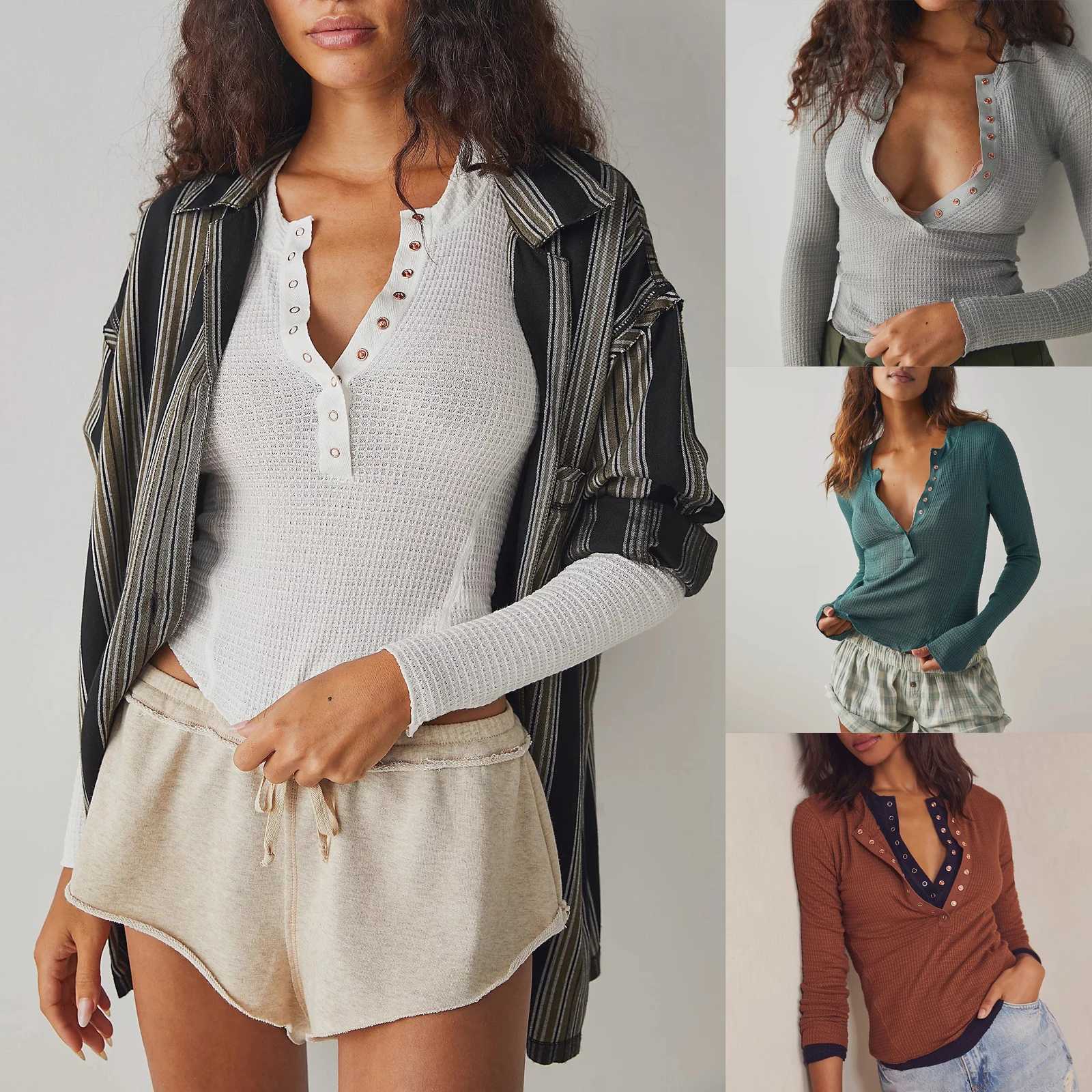 Sexy Long Sleeve Shirts for Women y2k Deep V-Neck Waffle Knit Crop Tops Slim Fitted Henley T-Shirts Basic Tees M240920