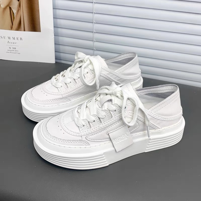 White Small Female 2023 Spring New Casual Thick Two Wear Low Help Soft Bottom Lace-up Heel Board Women's Shoes 1b26