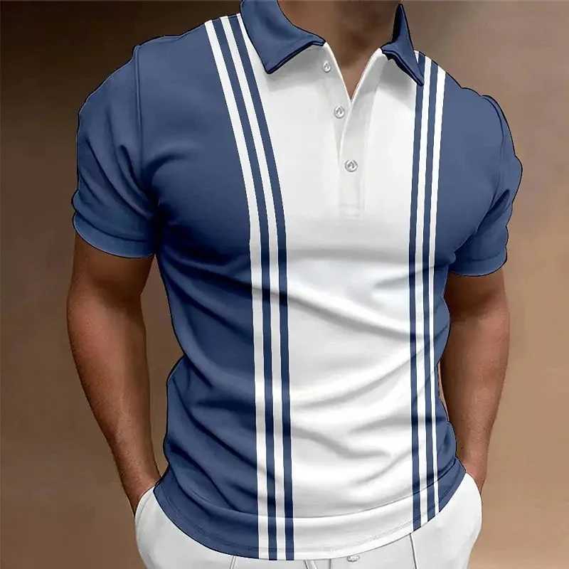 Classic Mens Polo Shirt Summer Stripes Print Short Sleeve Tee Shirts Casual Business Button Tees Tops Fashion Polo Shirts LapelX240920