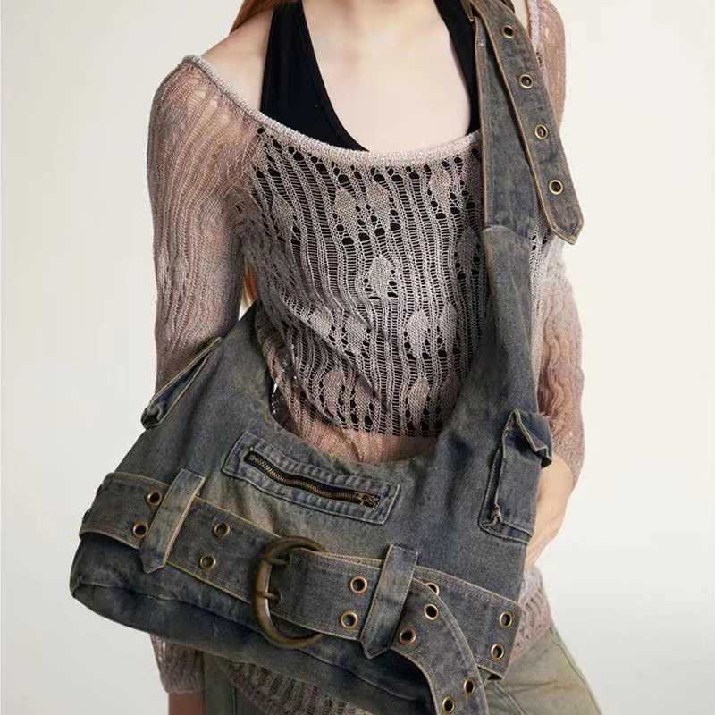 Trendy Ladies Vintage Denim Punk Shoulder Bag Y2k Streetwear Grunge Handbag Cool Girls Retro Gothic Casual Underarm Bags 240920