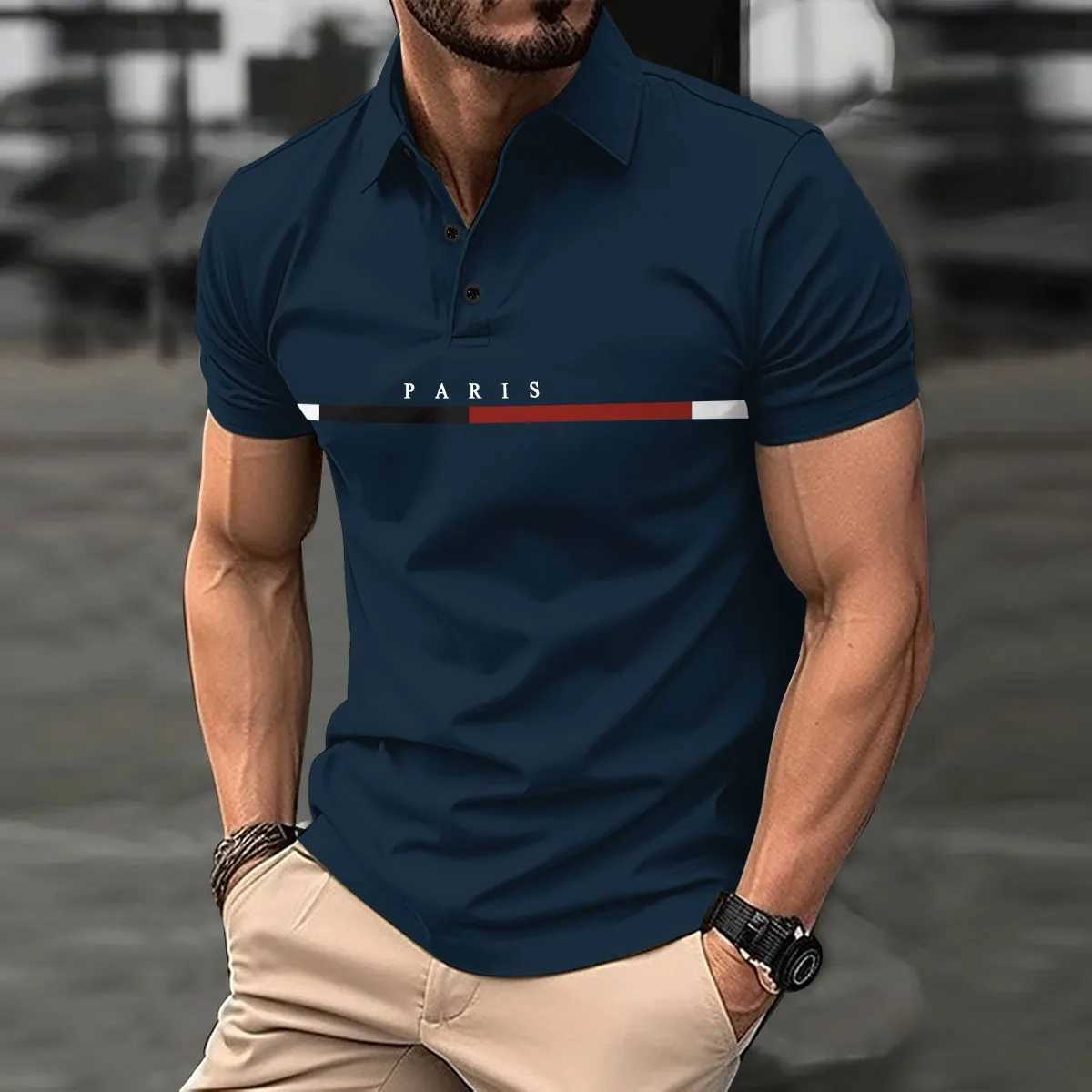 Fashionable mens new summer short-sleeved printed striped French color button lapel POLO shirt sports casual slim shirtX240920