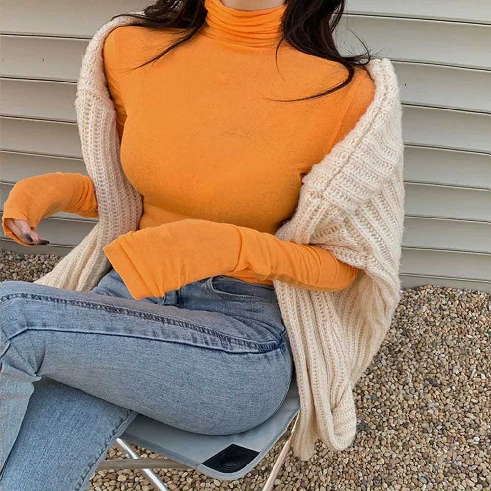 Womens Turtleneck T-Shirts Knitted Collar Without Stitching Casual Tops Long Sleeved Ribbing Clothes Version My Body My Choice M240920 - view 4