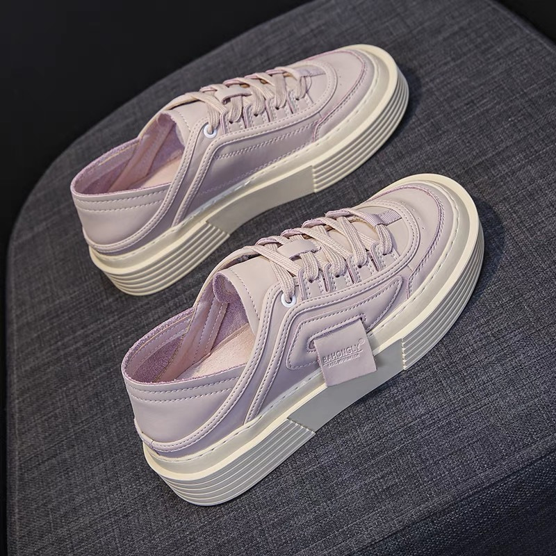 White Small Female 2023 Spring New Casual Thick Two Wear Low Help Soft Bottom Lace-up Heel Board Women's Shoes 1b26