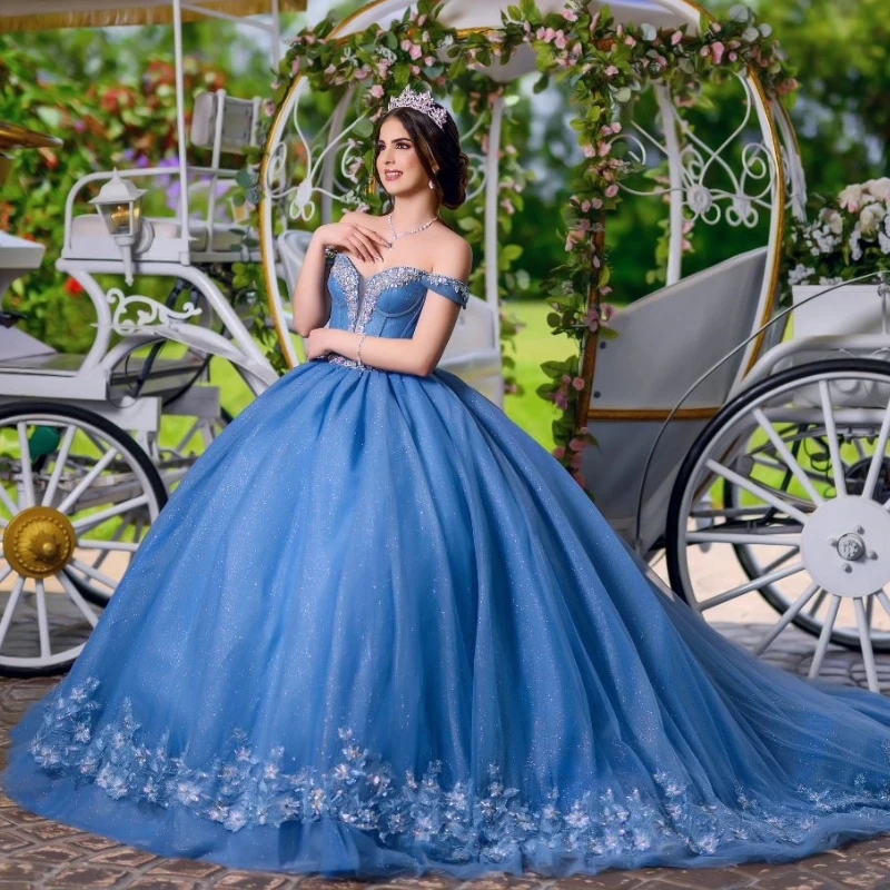 Sky Blue Sequin Princess Ball Gown Charming Quinceanera Dresses Applique Lace Beads Crystal Tull Sweet 16 Dress Vestido 15 De Anos