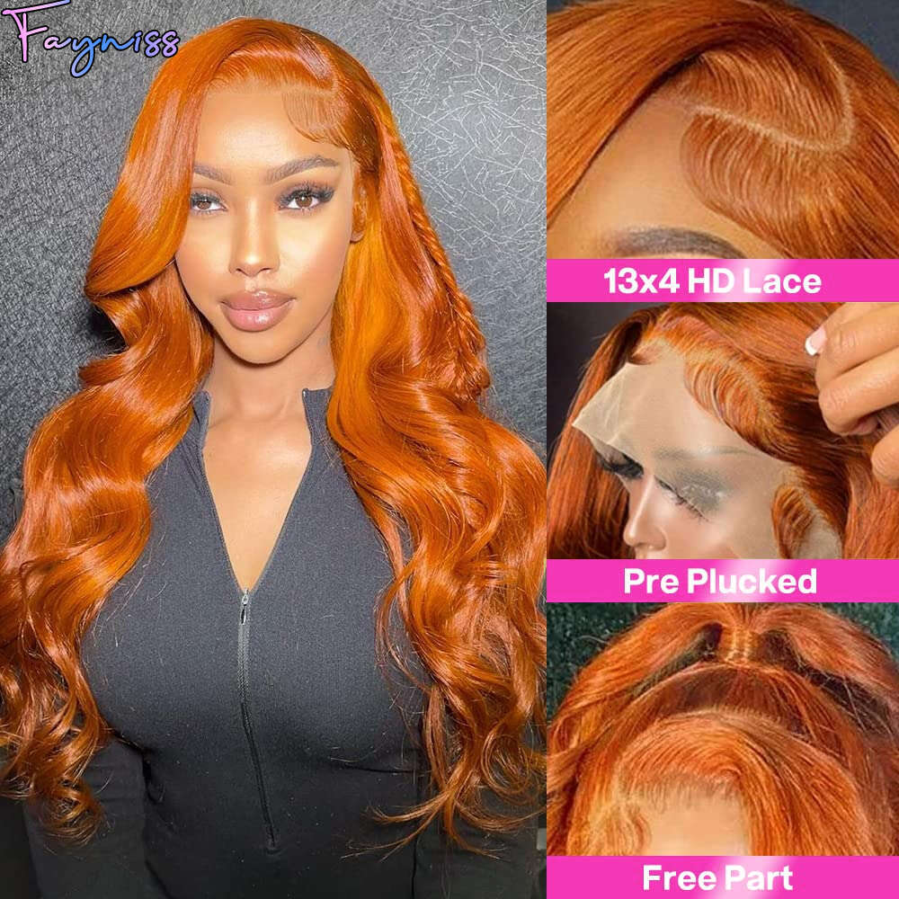 Fayniss Ginger Orange Body Wave 13x4 Front Color Transparent Wigs 180% Human Hair HD Lace Frontal Wig