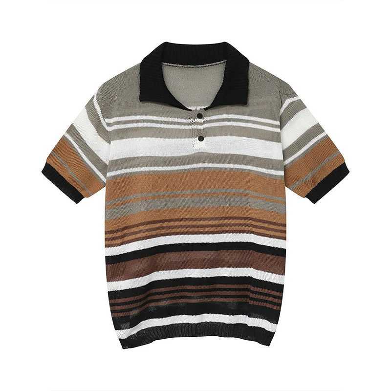 Summer Mens Clothing Light Luxury Mesh Striped Polo Shirt Korean Short Sleeve Button-down Retro Fashion Leisure Loose KnitwearXJ240920