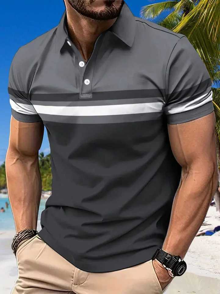 New Summer Mens Polo Shirt Button Collar Short Sleeve Pullover Casual Sports Solid Color Striped Lapel Trend Mens T ShirtX240920