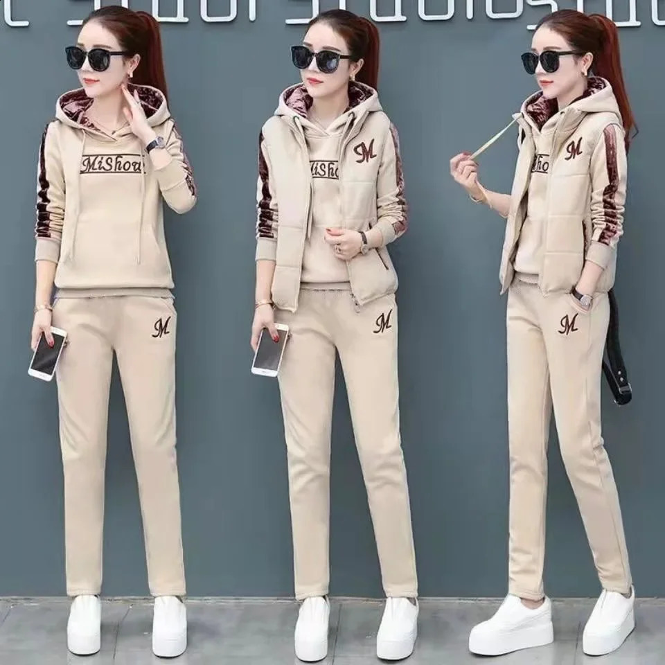 Large size thick wool lining womens sportswear autumn and winter warm hooded sweatshirt three piece set 240920