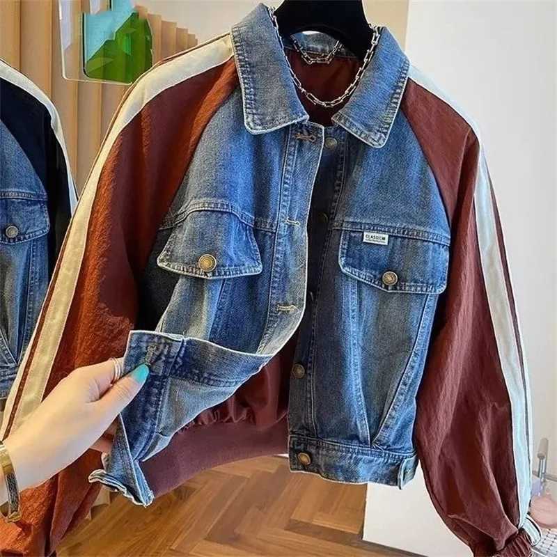 2024 Spring Autumn Short Baseball Jacket Loose Fitting Cowboy Women Outerwear European Fashion Splicing Together Denim Lady CoatX240920