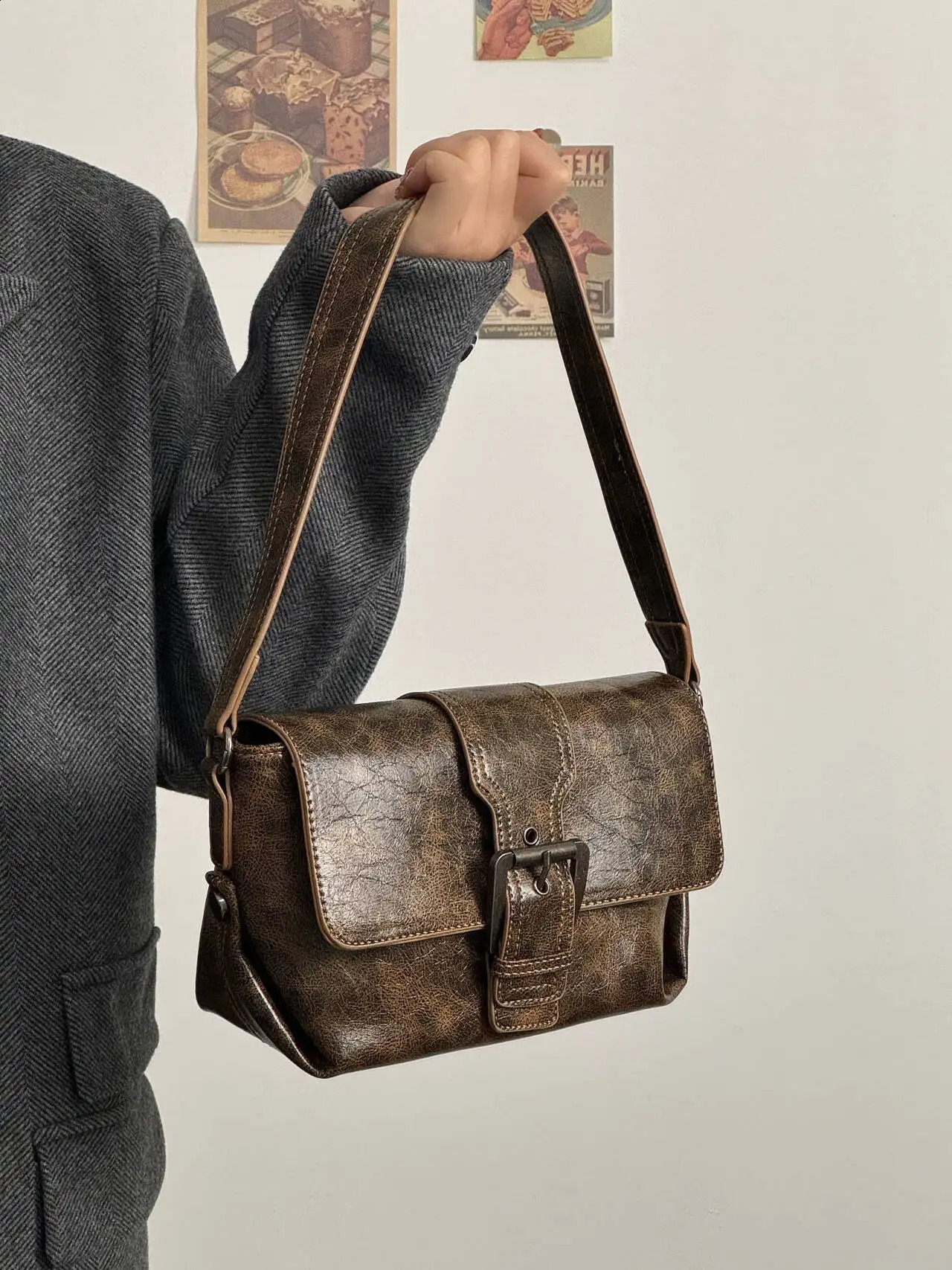 JIAERDI Retro Brown Bottom Bag Womens Retro Handle Pattern Casual Y2k Handbag Womens Harajuku Solid Bolsa 2024 240918
